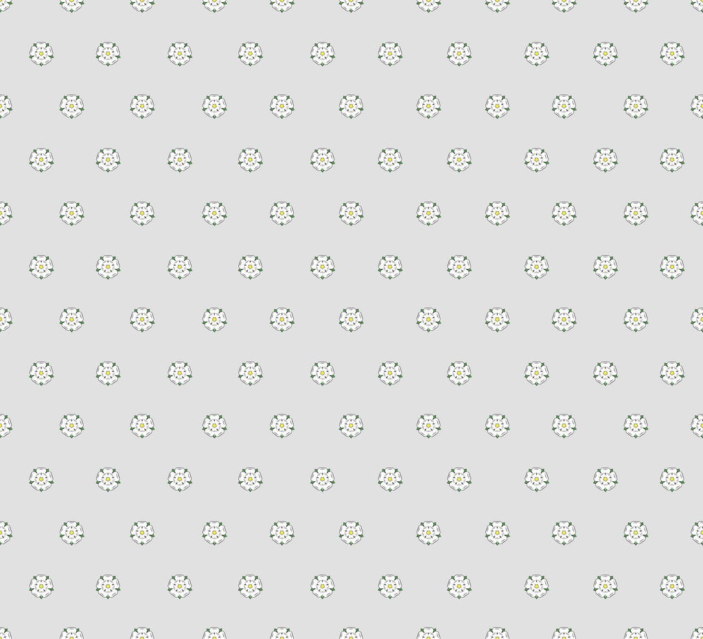 Pattern of small white Yorkshire rose flowers on a light grey background
