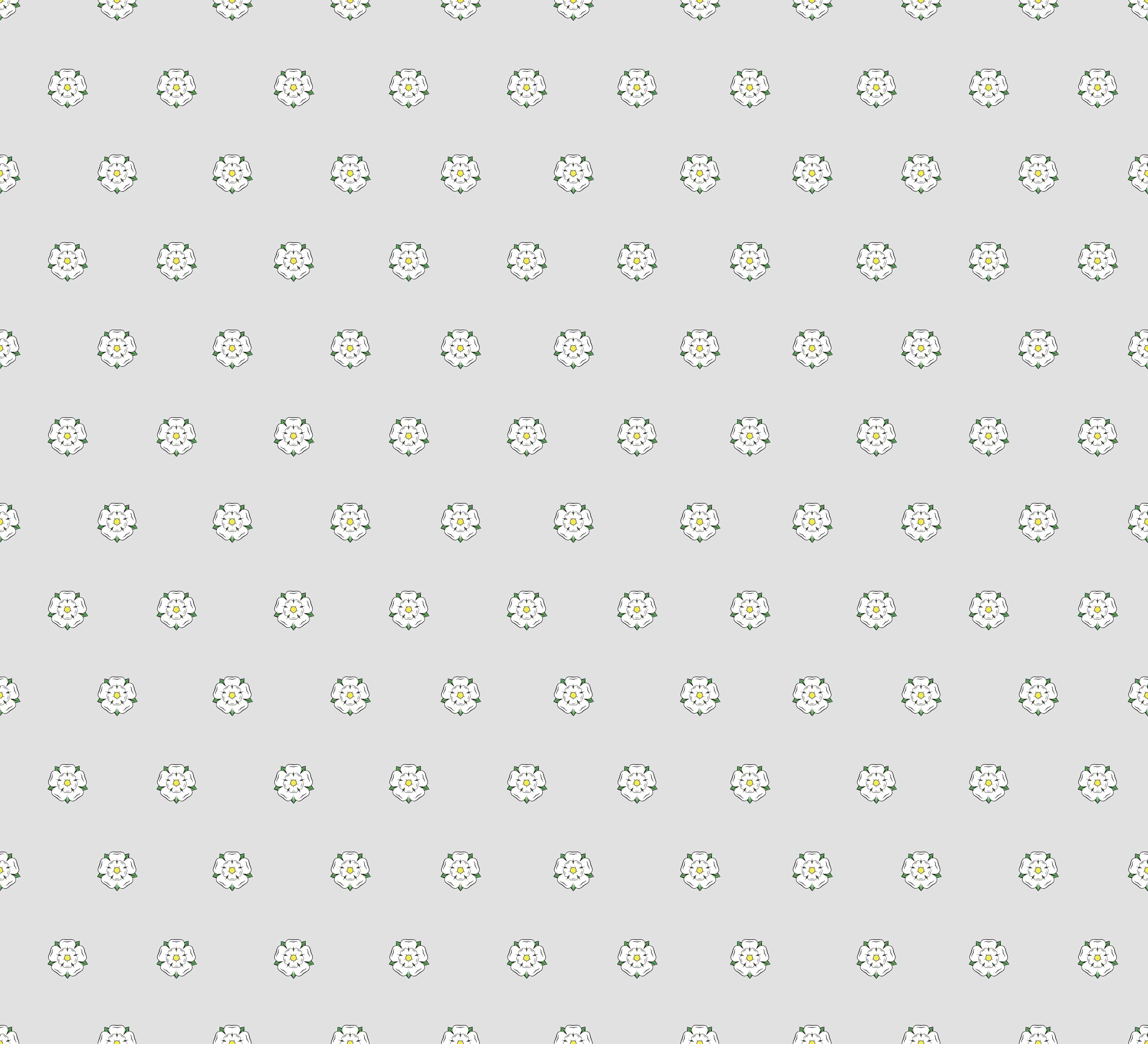 Pattern of small white Yorkshire rose flowers on a light grey background