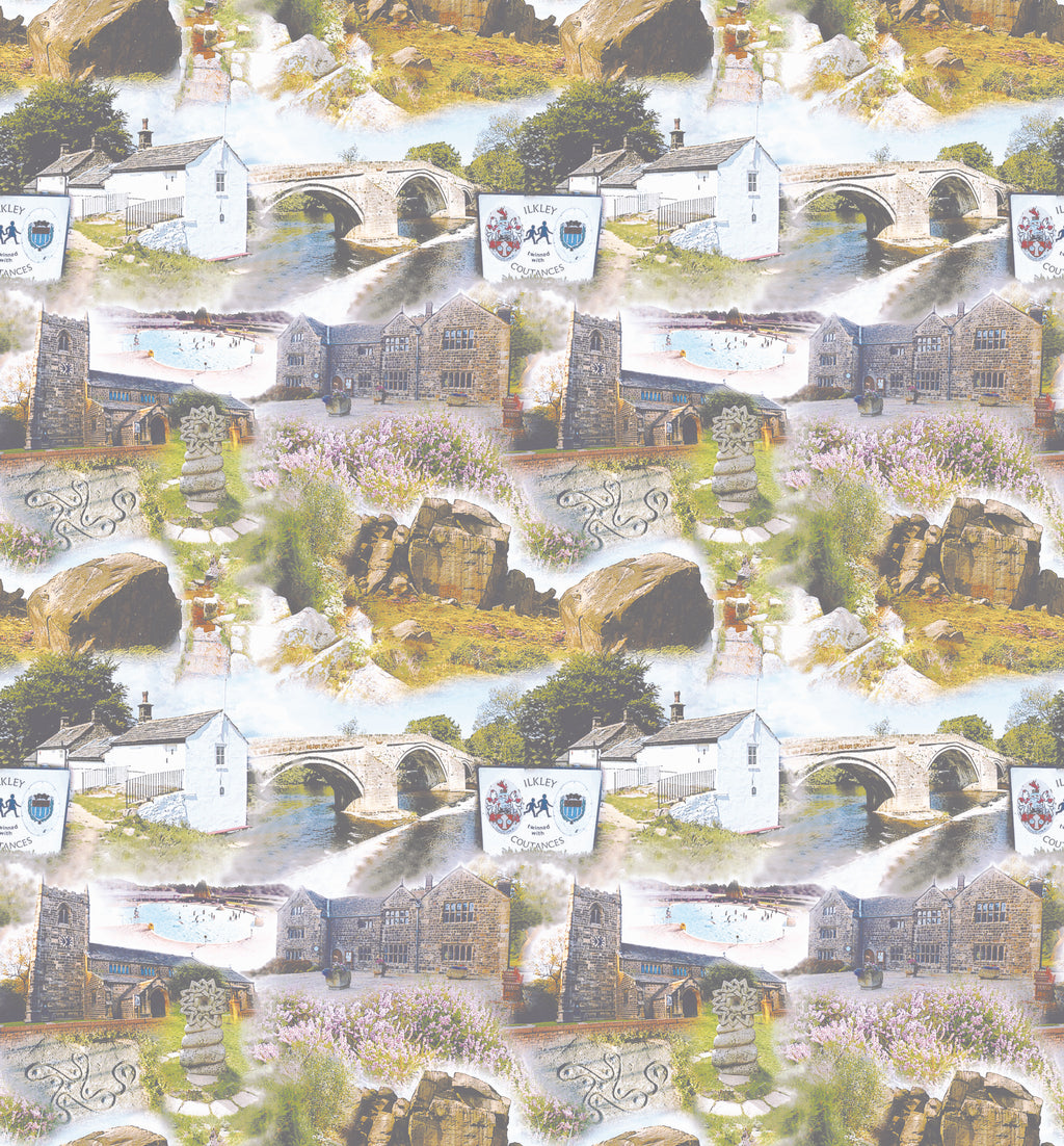 Collage of scenic Ilkley images including bridges, buildings, and landscapes on a white background.
