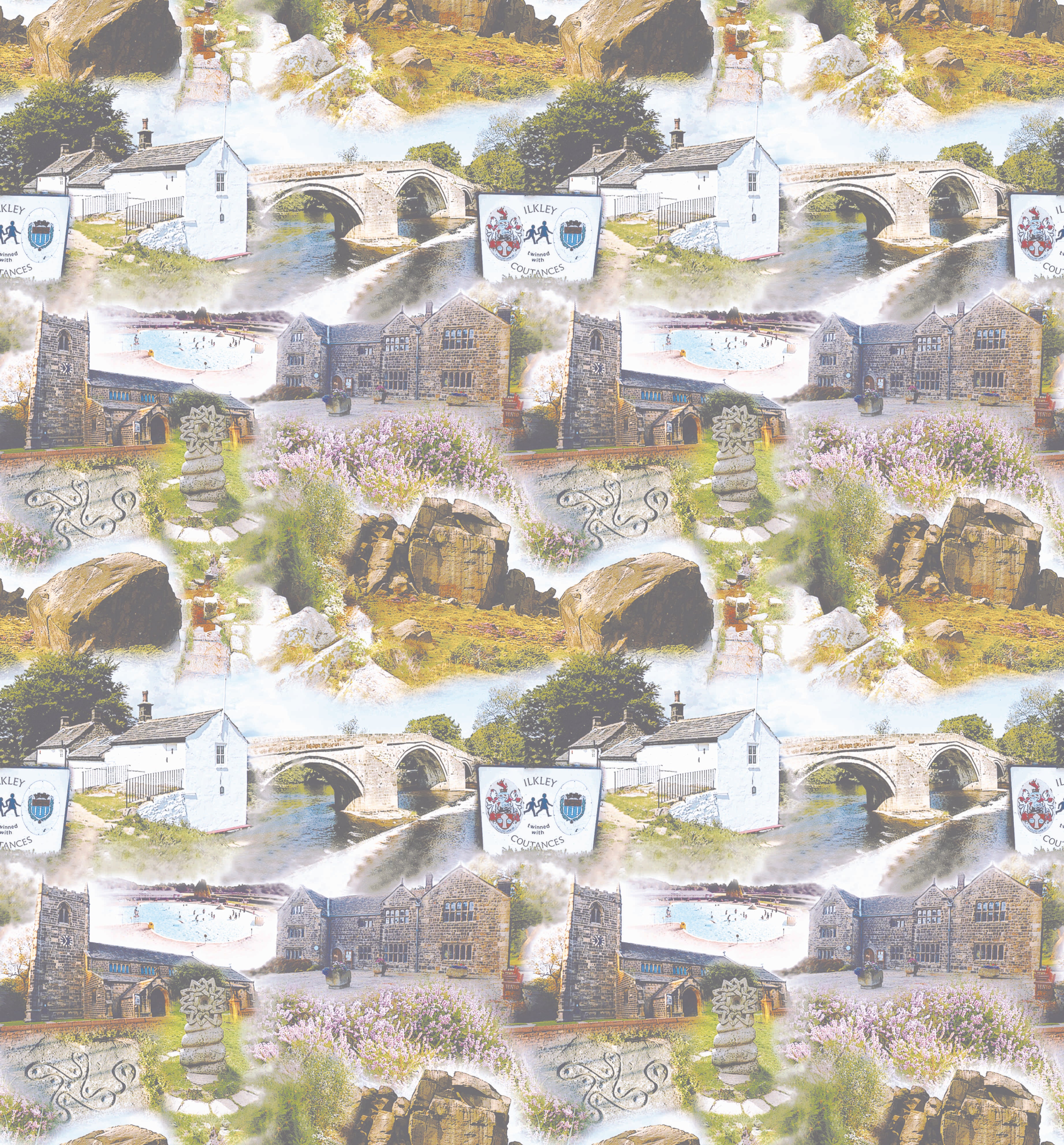 Collage of scenic Ilkley images including bridges, buildings, and landscapes on a white background.